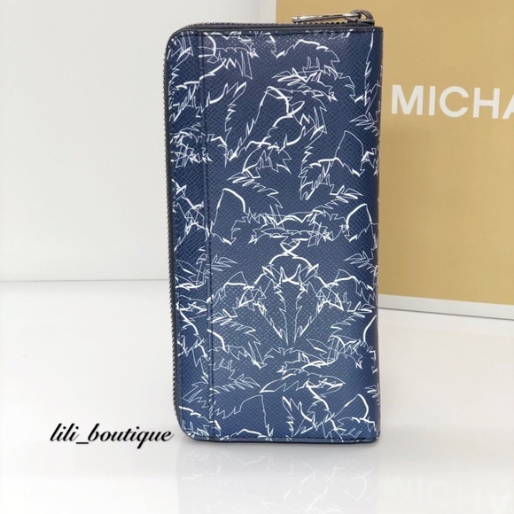 NWT Michael Kors Mens Grant Tech Zip Around Wallet Leather Palm Tree Navy $198 - Picture 2 of 11